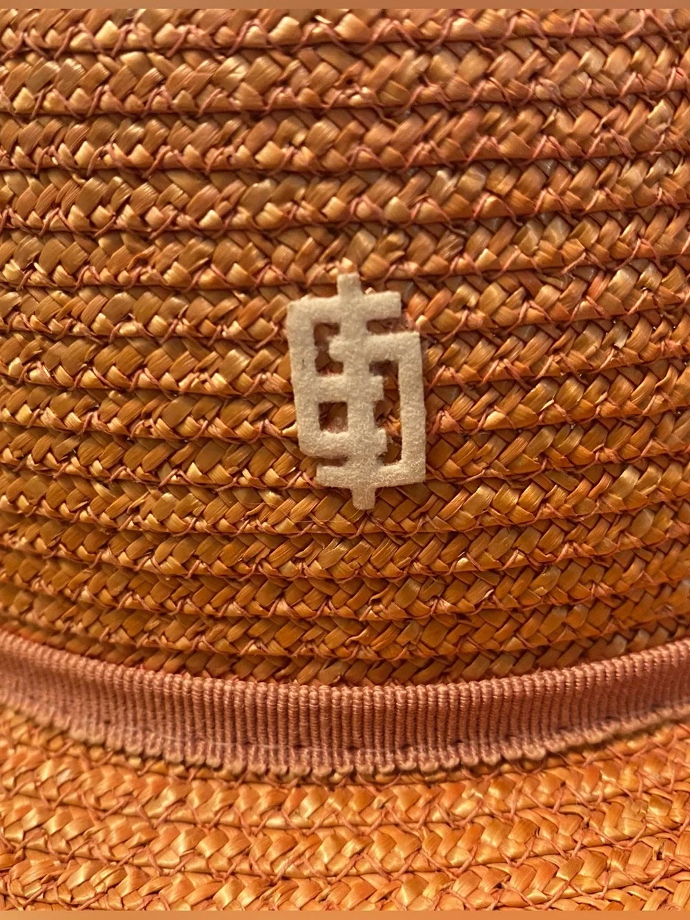 Vintage 1970s Pucci Straw Boater Sun Hat Logo Peach Orange Pastel Flat Top XS
